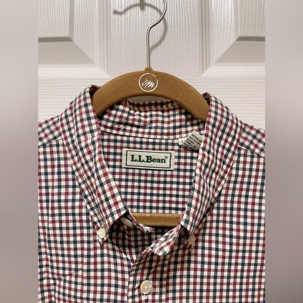 LL Bean Mens Button Long Sleeve Size L Checkers Cotton Red Blue